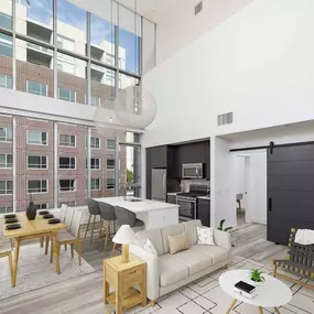 Living and dining area in penthouse apartment home at The Camden in Hollywood, CA