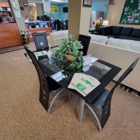 Dining in class with this set. Elegant shadow affect table and very easy cleaning chairs.