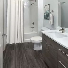 Bathroom with wood-style flooring and bathtub