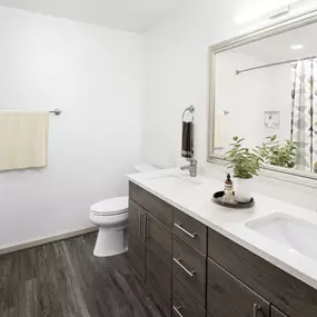 Penthouse apartment home bath with double sink vanity and garden bathtub at Camden Potomac Yard apartments in Arlington, VA