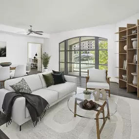 Spacious living room with a ceiling fan, recessed lighting, and hardwood-style floors at Camden Potomac Yard Apartments in Arlington, VA