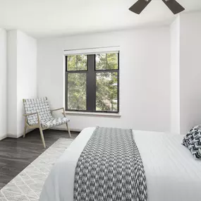 Bedroom with ceiling fan at Camden Potomac Yard Apartments in Arlington, VA