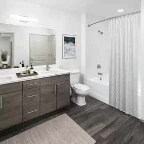 Spa-inspired bath with double-sink vanity at Camden Potomac Yard apartments in Arlington, VA