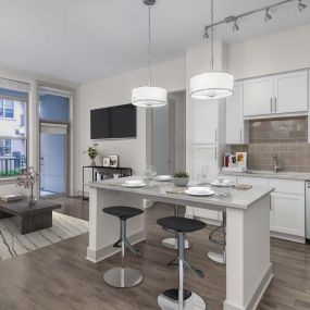 Open concept kitchen living white design scope