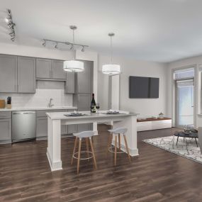 Open concept kitchen living grey design scope