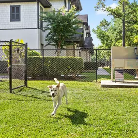 Fenced in dog park with washing station at Camden Woodson Park in Houston, TX