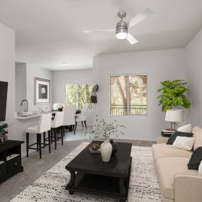 Open concept living room near kitchen