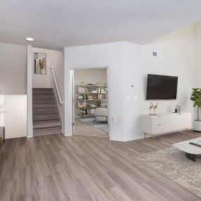 Townhome living room near entryway and home office