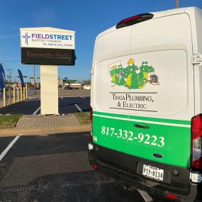 One of the Tioga Plumbing & Electric vans at FieldStreet Baptist Church in Cleburne Texas.