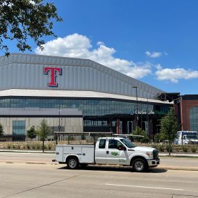 One of the Tioga Plumbing & Electric trucks at the Arlington Texas Globe Life field.