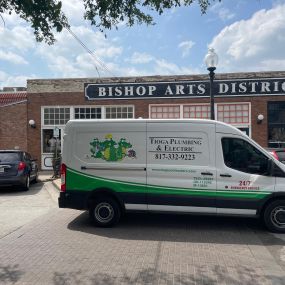 One of the Tioga Plumbing & Electric service vans at Bishop Arts District in Dallas Texas.