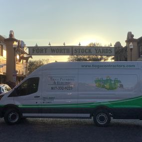 One of the Tioga Plumbing & Drain service vans at the Fort Worth Stock Yards in Fort Worth Texas.