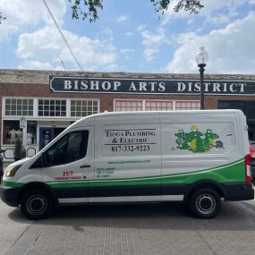 A Tioga Plumbing & Electric service vehicle in the Bishop Arts District in Dallas Texas.