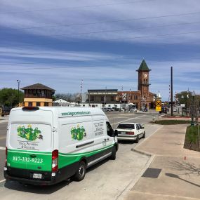 The Tioga Plumbing & Drain service van in Downtown Grapevine Texas.