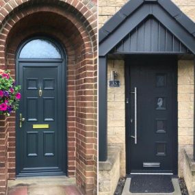 various front doors that have been spray painted in anthracite grey, this colour is the most popular choice for home renovations, it provides a modern and sophisticated look and matches any style of property
