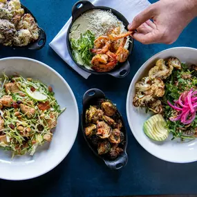 TGP Salad, Shrimp & Grits, Harvest Bowl