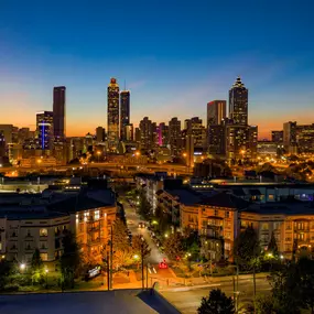 Building exterior overlooking downtown atlanta at night