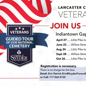 Join us for our Indiantown Gap National Cemetery Bus Tour. Registration is necessary. Email Erin Patrick Erin@SnyderFuneralHome.com or Call 717.560.5100.