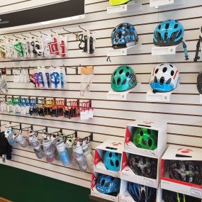 Bike helmets, water bottles, bottle cages and more.