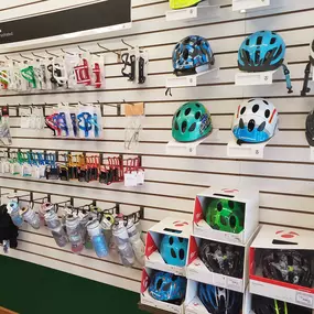 Bike helmets, water bottles, bottle cages and more.