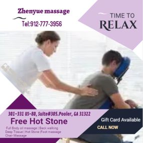 Zhenyue Massage is the place where you can have tranquility, absolute unwinding and restoration of your mind, 
soul, and body. We provide to YOU an amazing relaxation massage along with therapeutic sessions 
that realigns and mitigates your body with a light to medium touch utilizing smoother strokes.