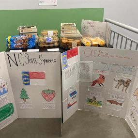 For the past six weeks, 8th grade has been studying NC symbols, regions, landforms and agriculture. For the culminating activity, students presented posters with menus of NC homegrown foods, children’s books, game boards, diet plans and travel plan menus. In addition to the activities, students brought in food items where the main ingredients were made here in NC like such as milk, sweet potatoes, poultry, beef, turkey, etc.