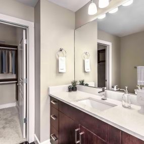 Bathroom with quartz countertops and walk in closet with wood shelving and organization system