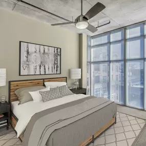 Bedroom with floor to ceiling windows ceiling fan and carpet flooring