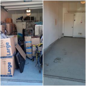 Before and after photo of a property clean up. Junk King worked hard to ensure this property cleaning was completed timely for the customer.