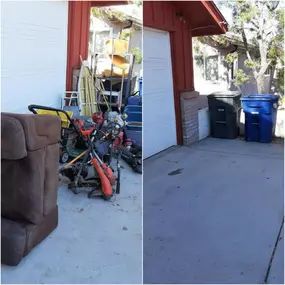 Before and after photo from a driveway junk removal job. The customer had miscellaneous items including metal, furniture, old storage bins, etc. and Junk King San Diego was able to haul everything away.