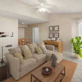 Living room with work from home space ceiling fan carpet flooring and balcony access