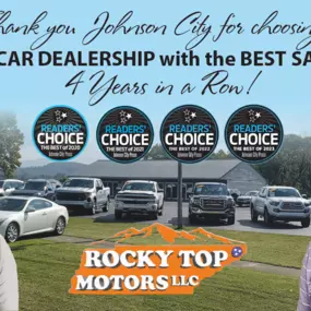 ????????Thank you ROCKY TOP MOTORS Friends & Family for Voting us BEST USED AUTO DEALERSHIP 4 YEARS IN A ROW! ????????