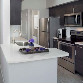 Modern kitchen with white quartz countertops large breakfast bar soft close cabinets and stainless steel appliances
