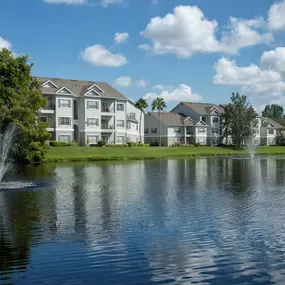 Lake view with two water fountains