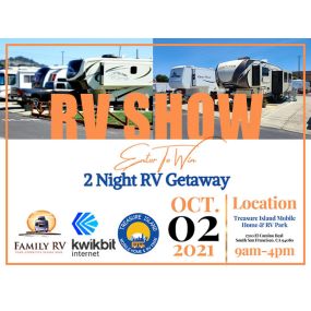 Treasure Island is hosting a fabulous RV Show on Oct 2nd, 2021! All welcome! Enter our raffle to win a 2 night getaway in an RV sponsored by Family RV.