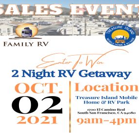 Visit Treasure Island Mobile Home & RV Park on October 2nd, enjoy an RV Show, and get a chance to win a 2-Night RV Getaway!