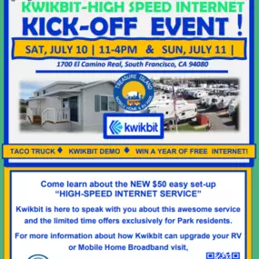 Come learn about the NEW $50 easy set-up “HIGH-SPEED INTERNET SERVICE” at Treasure Island Mobile Home & RV Park!