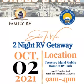 Visit Treasure Island Mobile Home & RV Park on October 2nd, enjoy an RV Show, and get a chance to win a 2-Night RV Getaway!