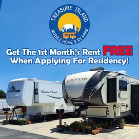 We currently run a special offer for RV owners: Get the 1st month's rent free when you apply to become yearly residents at the park. RV parking spaces are subject to availability, sizes and dimensions are critical to identifying the required RV space size. This offer is for RVs 34ft and under.