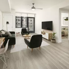 Ice white design scope living room with patio overlooking courtyard at Camden NoMa apartments in Washington, D.C.