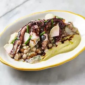 GRILLED OCTOPUS - grilled octopus & spring onions, celery, canellini beans, corn puree, chili oil