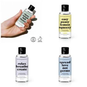 APOTHEHAPPY gel hand sanitizer. Available in 4 scents: Eucalyptus to clear your mind and refresh your hands; Lavender to calm your mind and find enjoyment; Lemon to give your mood an uplifting boost; Unscented for classic clean.