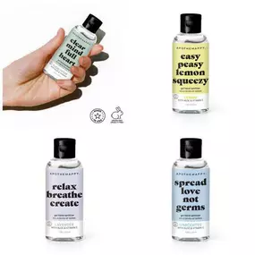 APOTHEHAPPY gel hand sanitizer. Available in 4 scents: Eucalyptus to clear your mind and refresh your hands; Lavender to calm your mind and find enjoyment; Lemon to give your mood an uplifting boost; Unscented for classic clean.