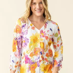 Are you ready for Spring color in your wardrobe? The blouse on the blonde model is available at our Sandusky boutique. The blouse on the brunette is available at our Harbor Light Landing boutique.