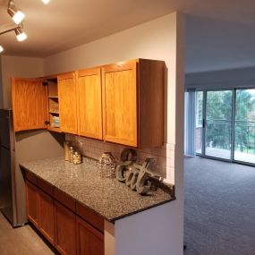 Riverwalk Luxury Apartment Kitchen with Living room and patio view