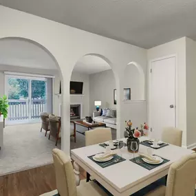 Classic style dining room with arched entry to living room