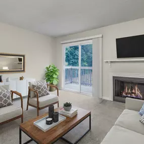 Classic style living room with wood burning fireplace