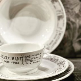 A shipment of our favorite French porcelain, Pillivuyt, has arrived with more of the charming Brasserie pattern.