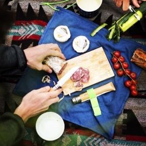 Hiking, biking, camping.....the travel set from Opinel includes folding bread knife, folding peeler,corkscrew knife, cutting board and wrap sack.
