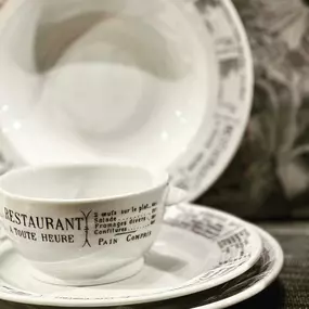 A shipment of our favorite French porcelain, Pillivuyt, has arrived with more of the charming Brasserie pattern.